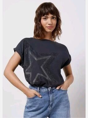Mint Velvet Women's Grey Hotfix Star Stud Short Sleeve Tee T-shirt